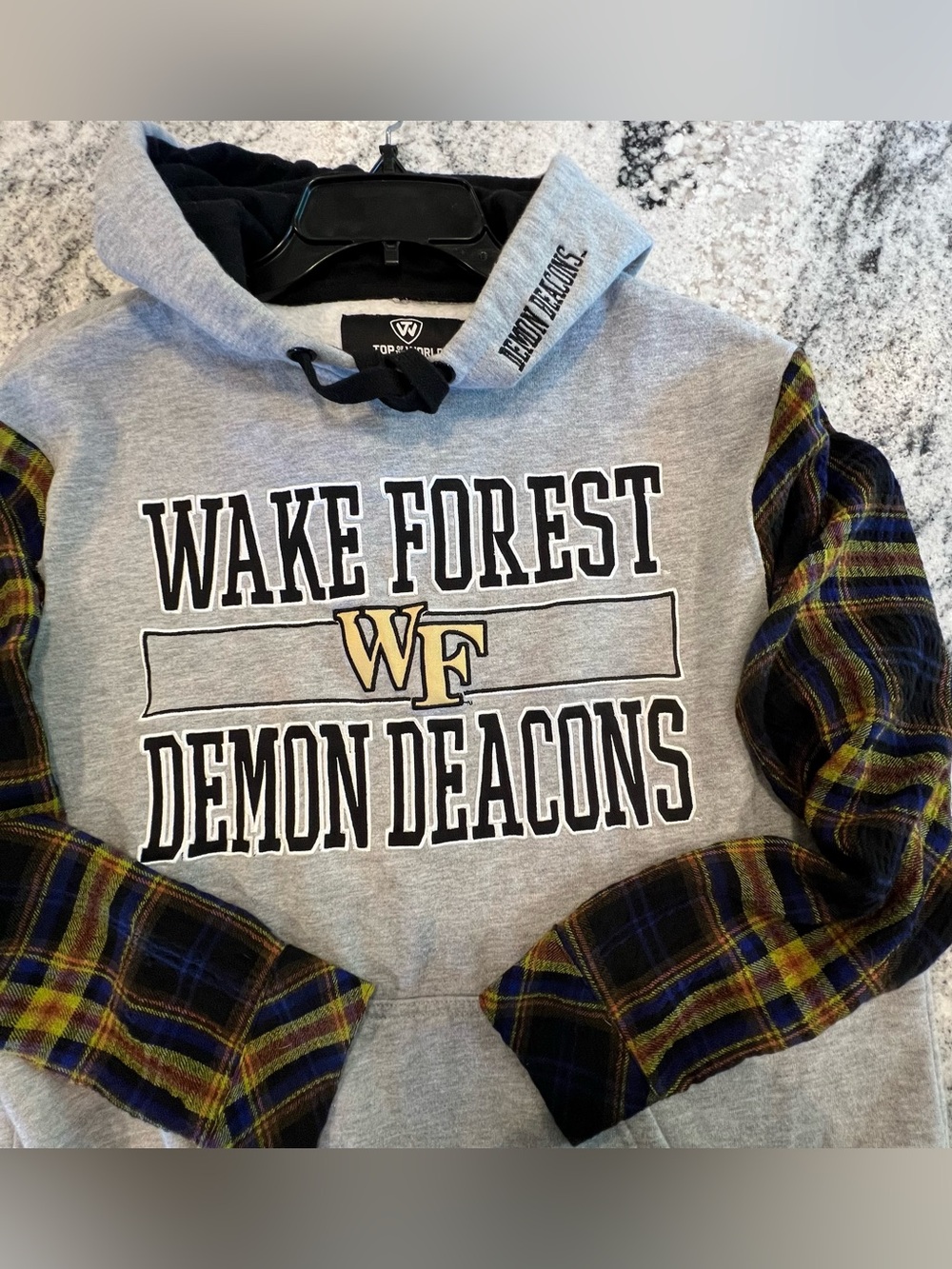 UPCYCLED 💛🖤Wake Forest Demon Deacons Hoodie w Plaid Sleeves & Kangaroo Pocket